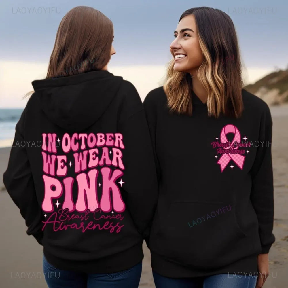 Breast Cancer Awareness pullover hoodie with retro art design and side seam pockets in pink colour.