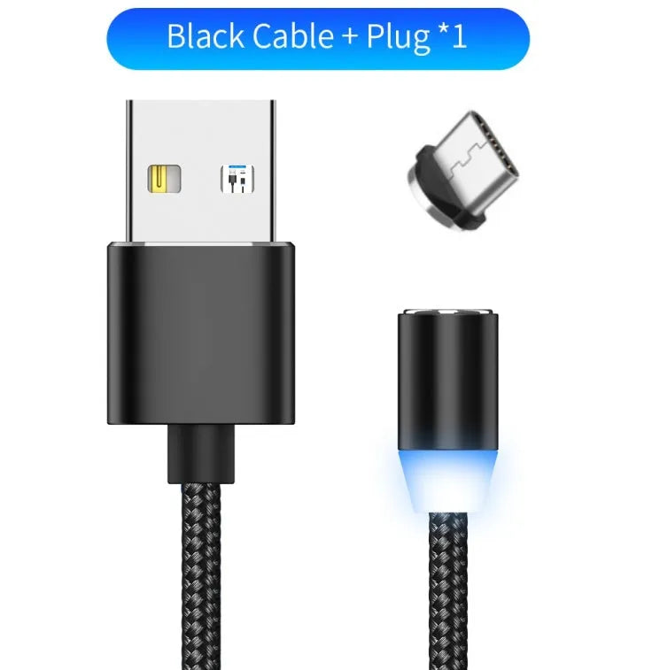 YBD black and red braided magnetic charging cable with Lightning, Micro USB, and Type-C connectors on a table.