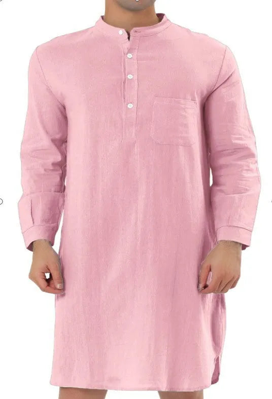 Men's cotton shirt robe in a shirt style with two front pockets, shown in one of nine available colours.