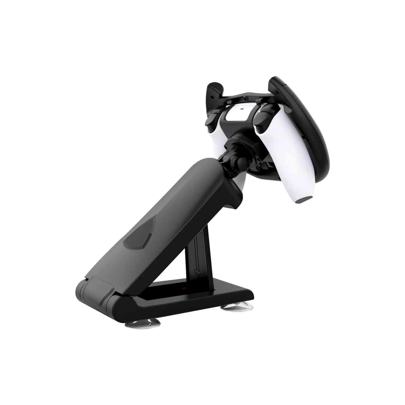 Black ABS plastic gamepad steering wheel bracket with a suction cup for mounting a mobile phone.