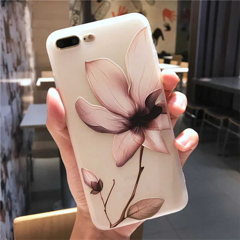 Embossed floral design TPU phone case for iPhone in black and white options