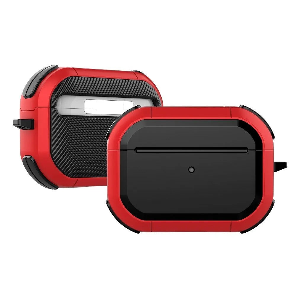 Black TPU and PC protective case for Apple AirPods Pro earbuds sitting on a table.