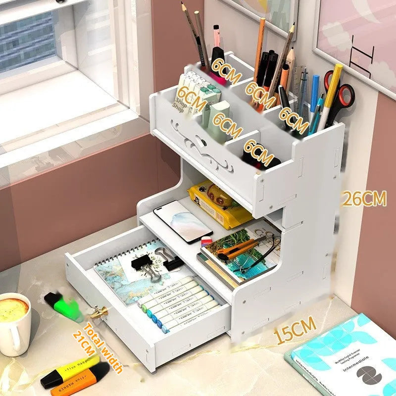 Square plastic pen holder storage box with multiple oblique insertion compartments on a desk.