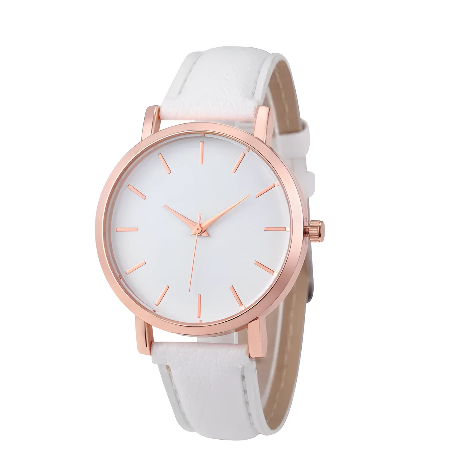 Square-faced quartz watch with an alloy case and PU leather strap on a wrist.