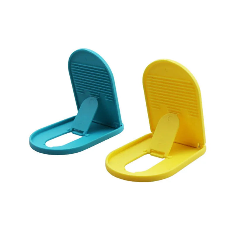 Adjustable plastic mobile phone stand in six colour options showing lazy bracket design