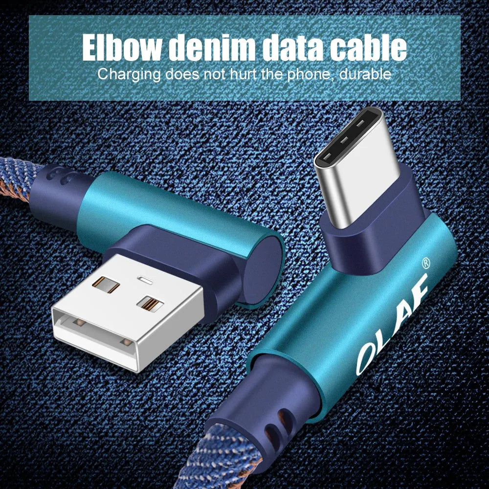 Denim braided fast charging USB cable with aluminium alloy connectors in black blue and red