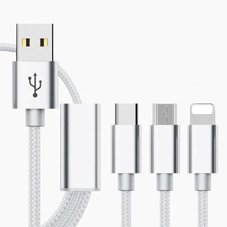 Three-in-one Micro USB charging cable for mobile phones in six colour options
