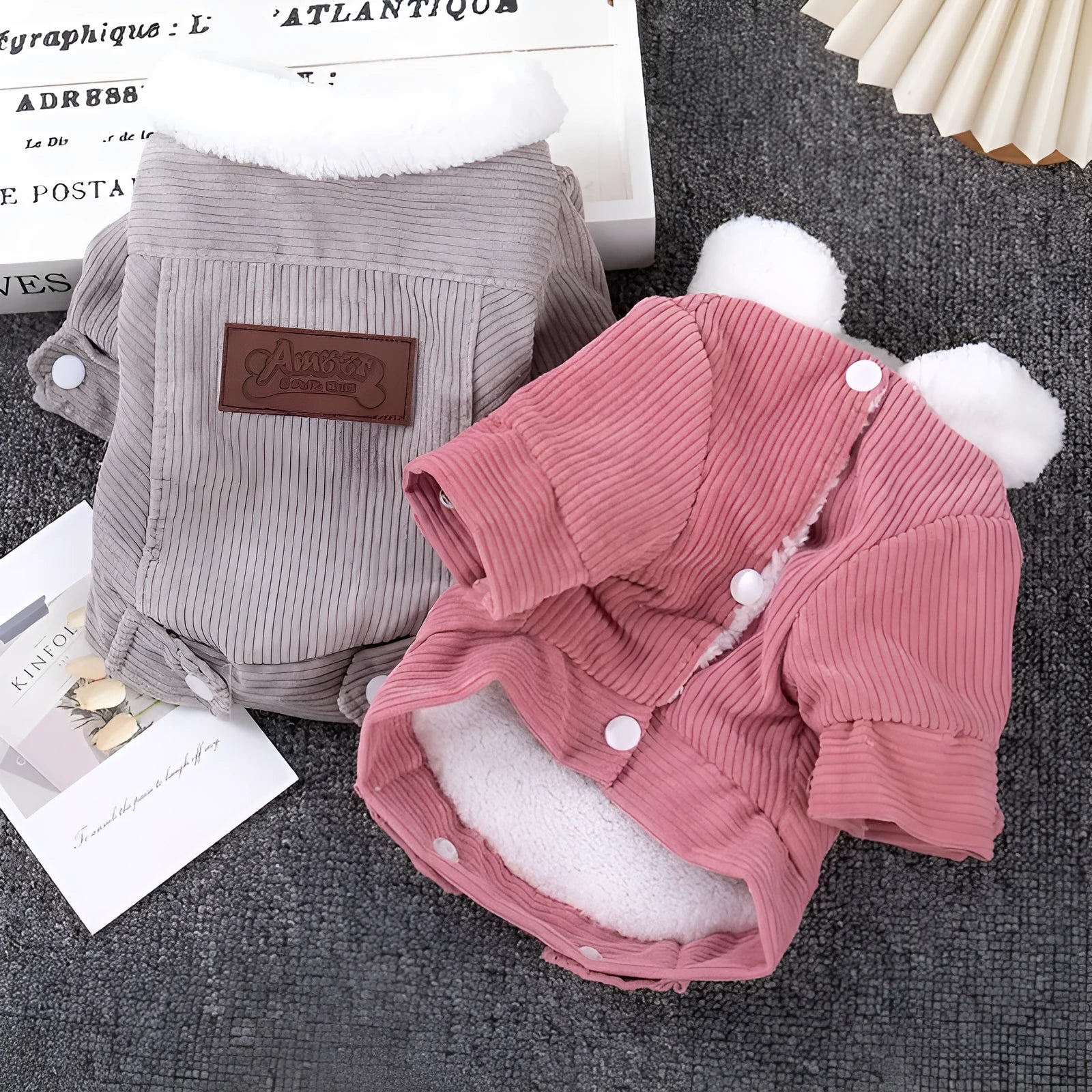 Grey lambswool dog vest with fleece lining for winter warmth on a small dog.