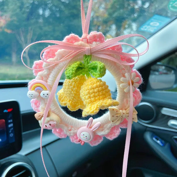 Woven wool bell orchid car pendant in green, pink, purple, or yellow with optional dream catcher.