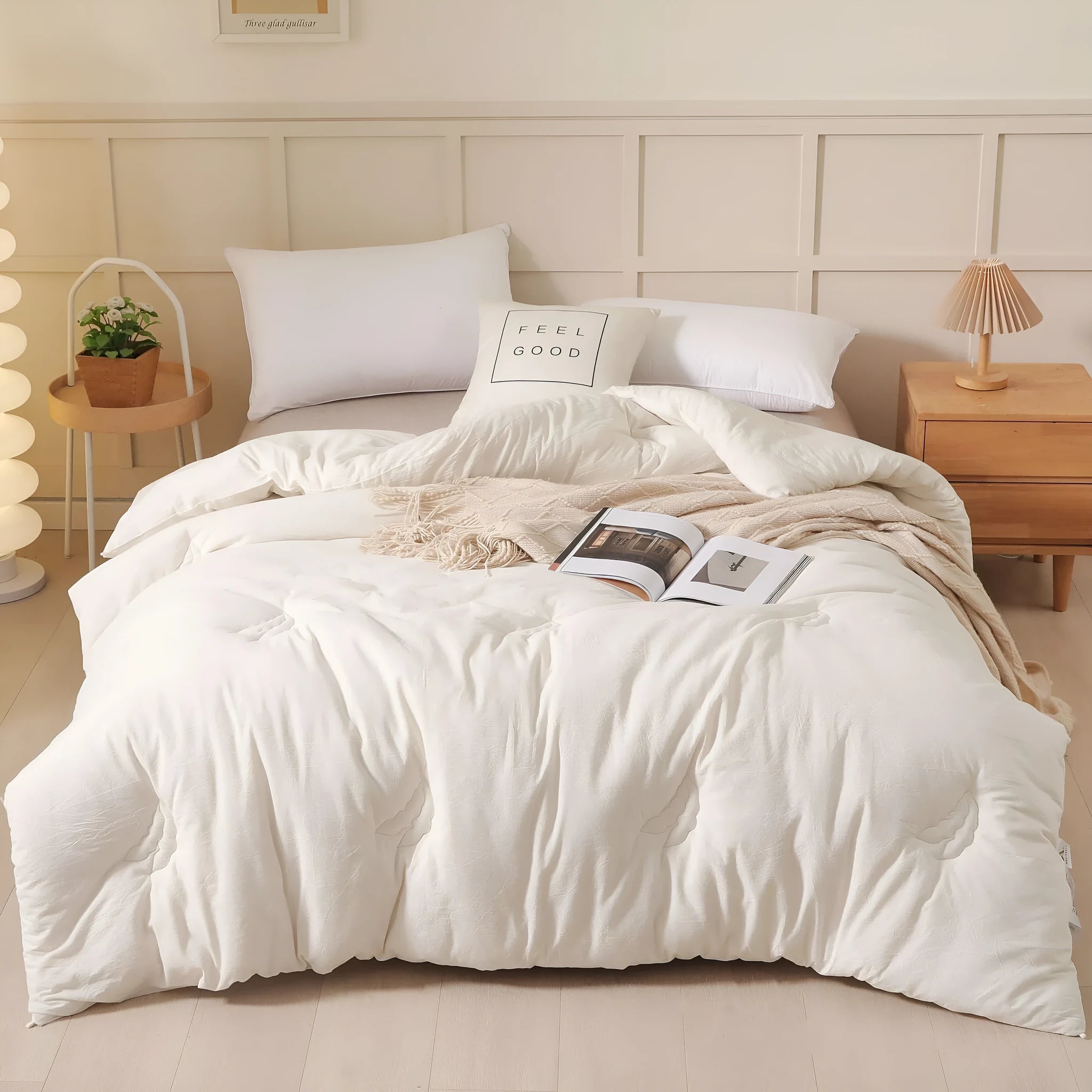 Soybean fibre filled quilt with pure cotton cover in grey, showing twill weave texture on a bed.