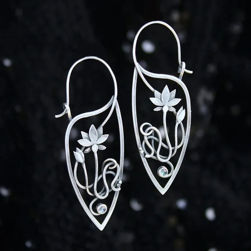 Silver electroplated alloy earrings with lotus vine geometric design and retro styling elements