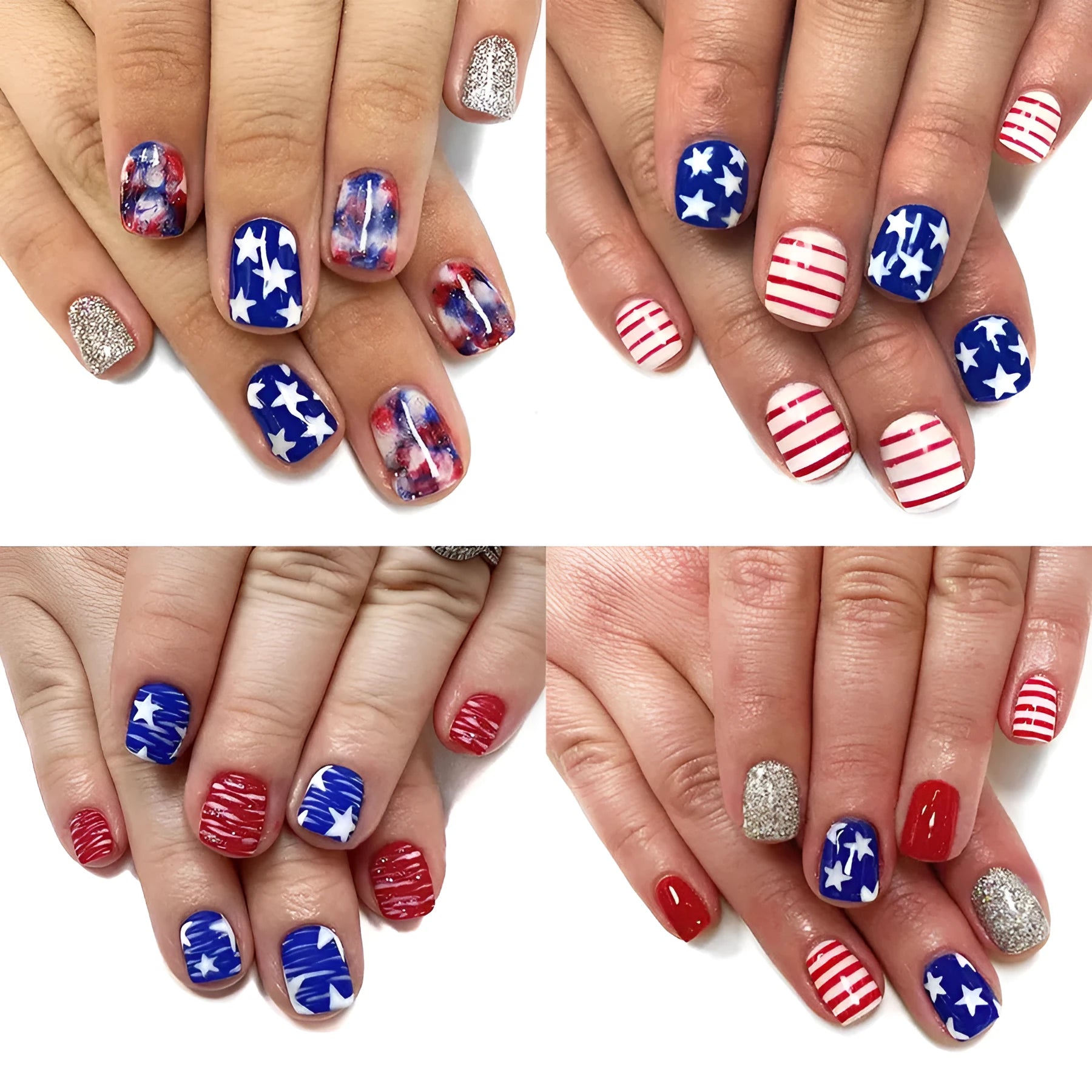 Box of short European square artificial nails with red and blue glitter decoration.