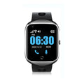 Square smartwatch for elderly with GPS tracking and SOS button shown in black, blue, and silver colour options