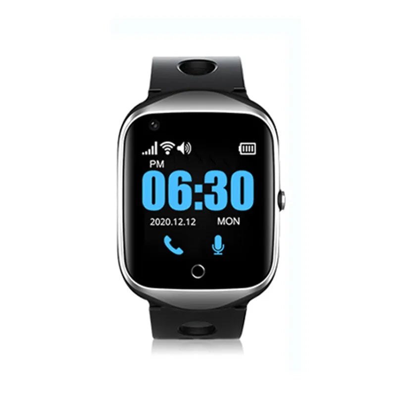 Square smartwatch for elderly with GPS tracking and SOS button shown in black, blue, and silver colour options