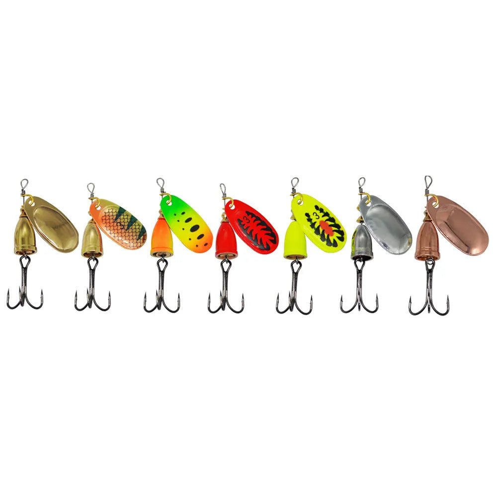 Composite rotating sequin fishing lure with copper bell in multiple colour variations