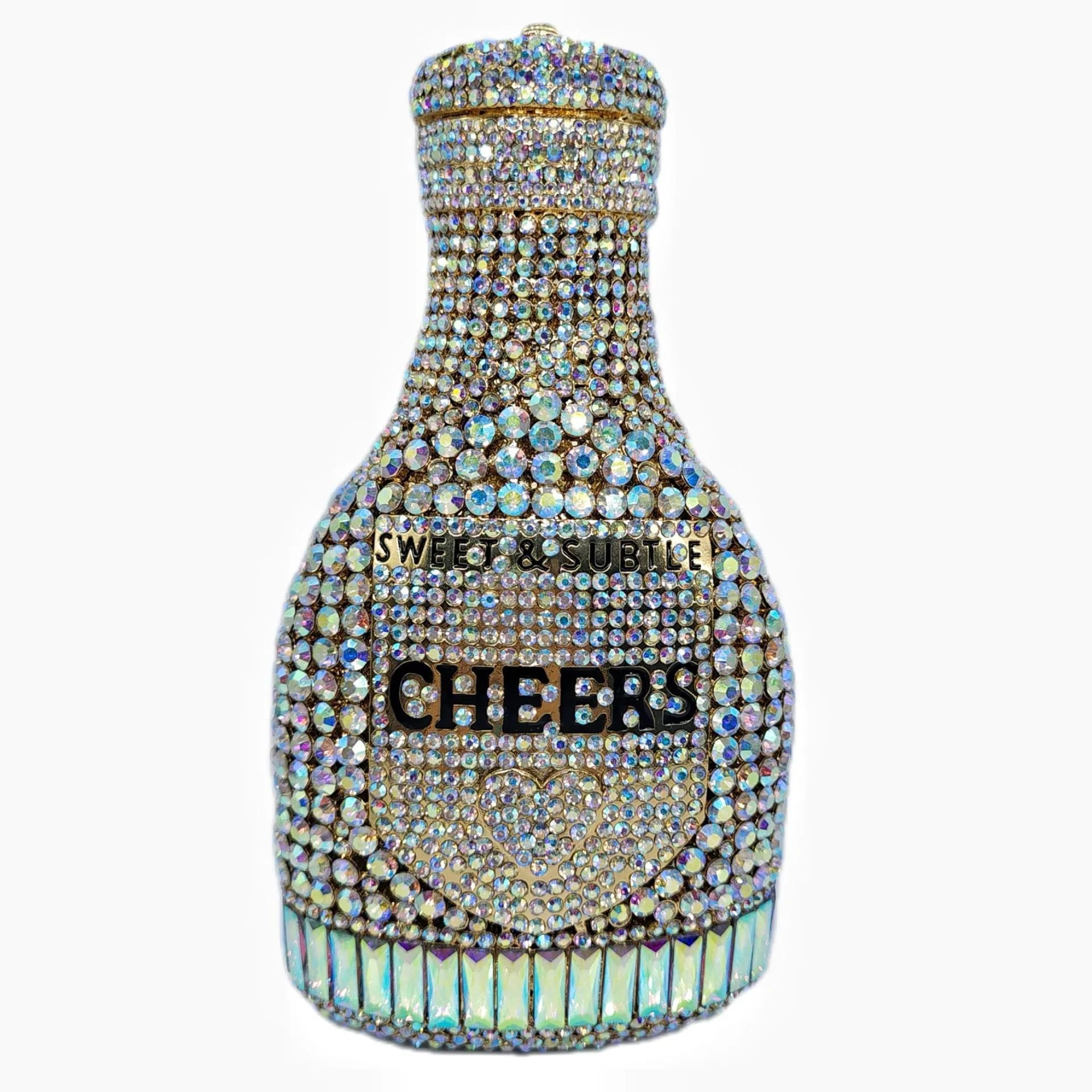 Gold hard shell champagne bottle clutch bag with rhinestones and alloy chain