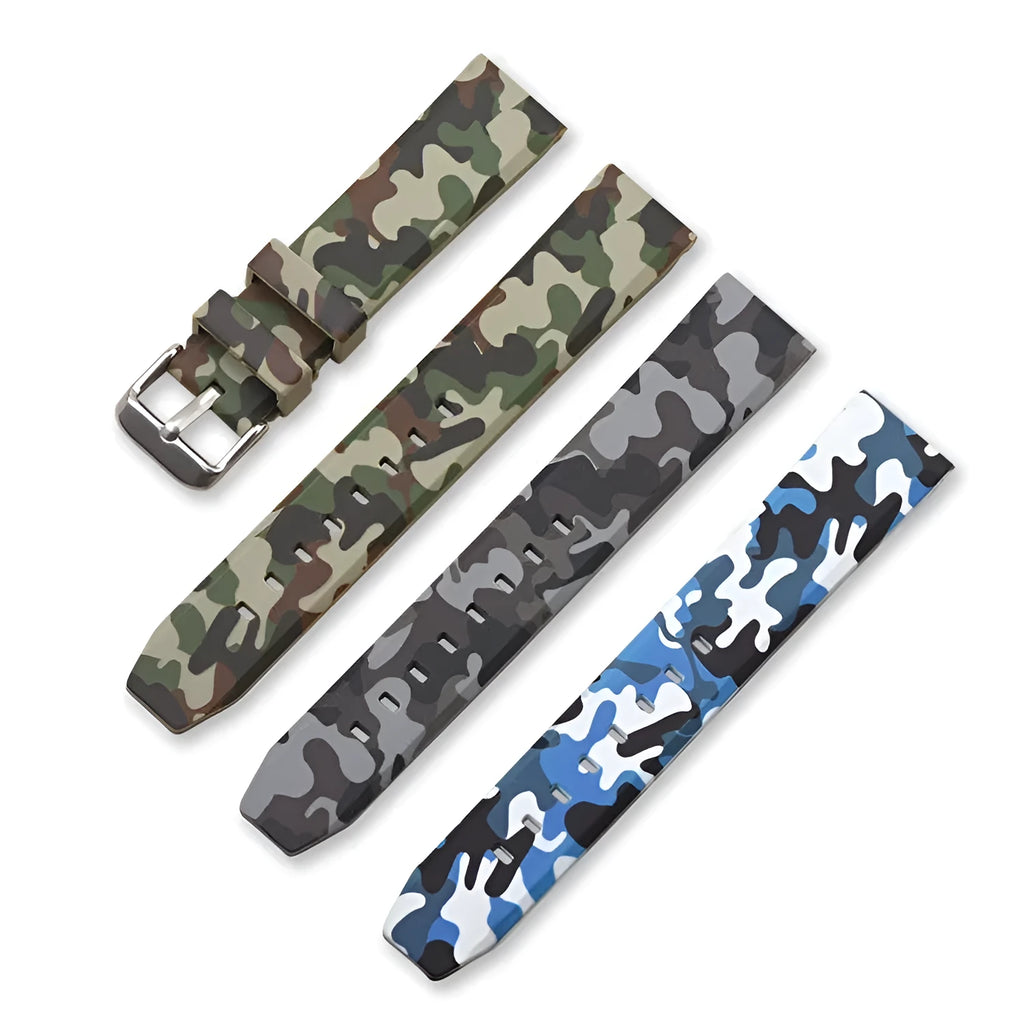 Camouflage pattern silicone watch strap in 20mm 22mm 24mm width options with green blue grey colours
