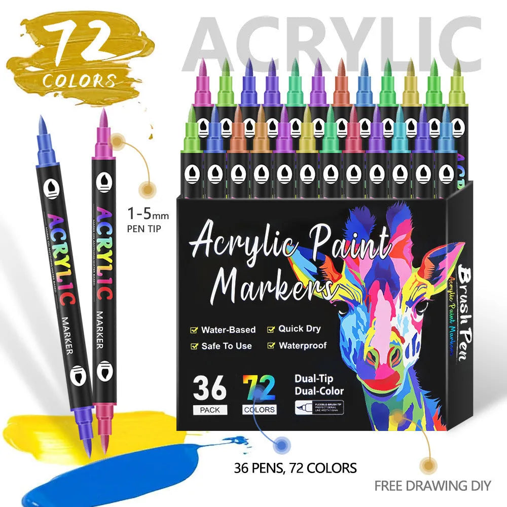 Double-headed acrylic marker pens in various colours showing both fine and broad tip options