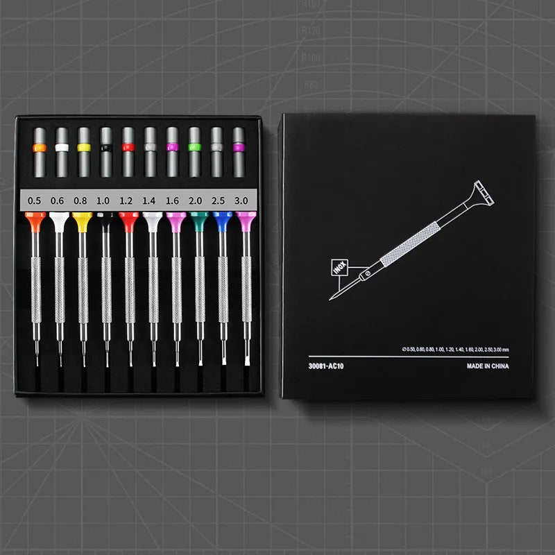Watch repair tool set with 10 screwdrivers and 20 spare bits in boxed packaging