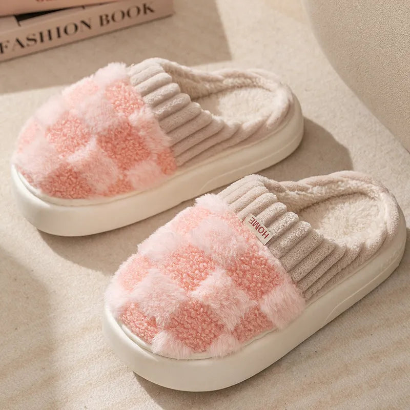 Plaid plush indoor slippers for women in five colours with thick lining and non-slip PVC sole