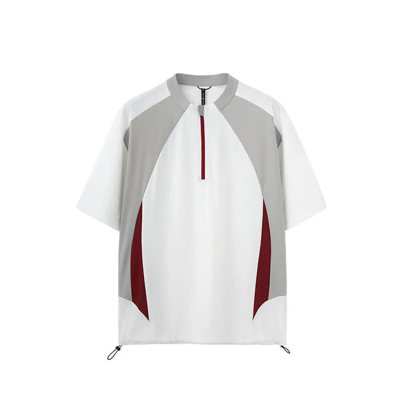 Men's solid colour polyester top showing stitching details and available in long or short sleeve black and beige options