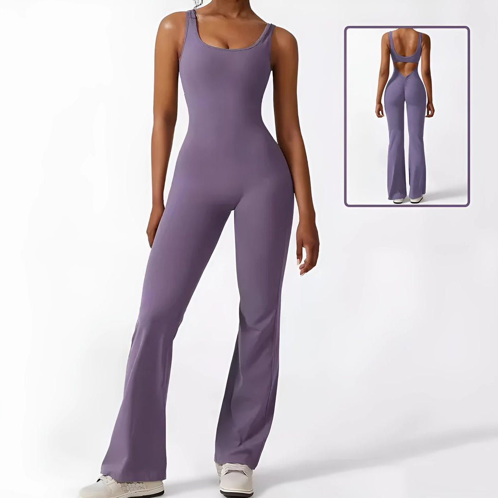 Women's sleeveless flare jumpsuit for yoga and fitness in high-elasticity polyester fabric.