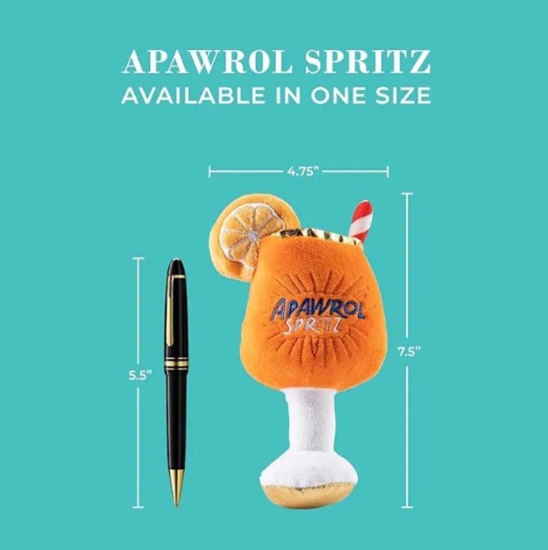 Yellow beer bottle shaped plush squeaky dog toy with cup handle on a white background.