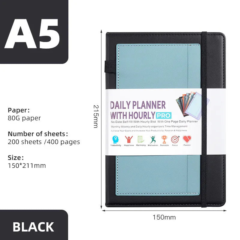 Self-filled no-date notebook with thread binding, showing PU cover in purple with planning stickers