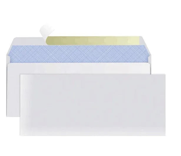 Blue anti-opening confidential envelope showing self-adhesive flap and 105mm by 240mm dimensions