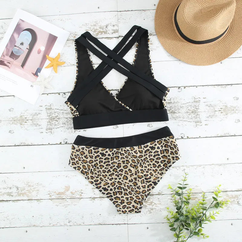 Women's leopard print V-neck cross banded bikini top with matching briefs.