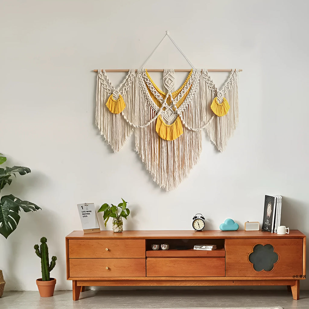 Hand-woven creamy-white cotton tapestry with Nordic style design, rectangular 120x95cm wall hanging