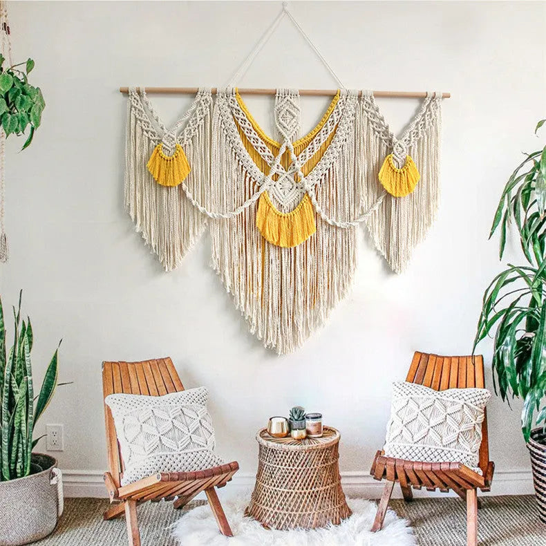 Hand-woven creamy-white cotton tapestry with Nordic style design, rectangular 120x95cm wall hanging
