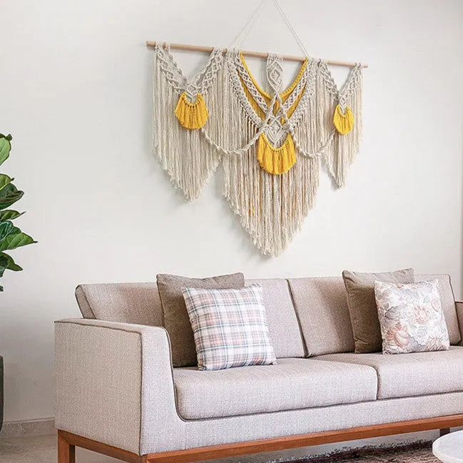 Hand-woven creamy-white cotton tapestry with Nordic style design, rectangular 120x95cm wall hanging