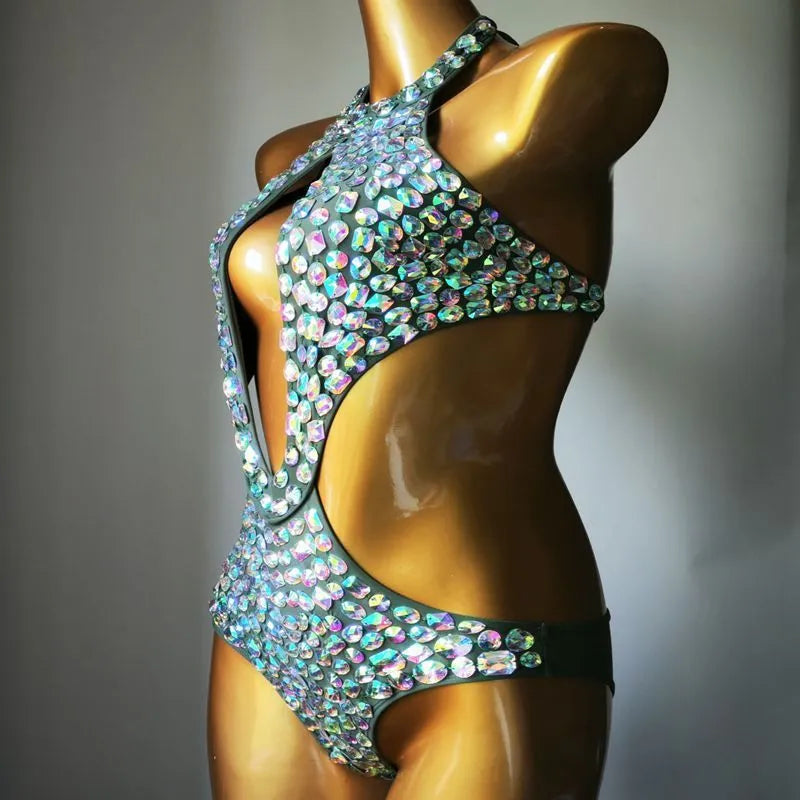 Women's mesh diamond one-piece swimsuit in Army Green colour with polyester lining