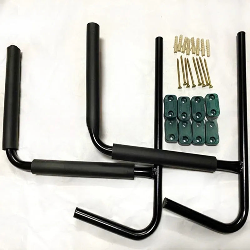 Carbon steel kayak wall hanger for vertical storage measuring 43cm wide by 38cm high