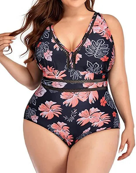 Black floral print plus size women's bikini swimsuit made from polyester mesh fabric.