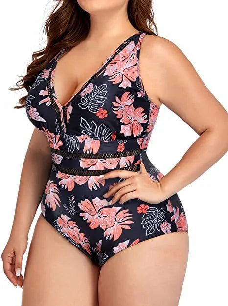 Black floral print plus size women's bikini swimsuit made from polyester mesh fabric.