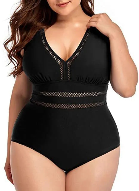 Black floral print plus size women's bikini swimsuit made from polyester mesh fabric.