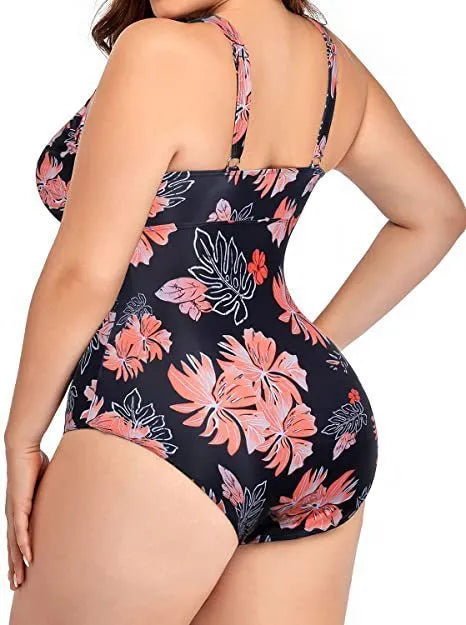 Black floral print plus size women's bikini swimsuit made from polyester mesh fabric.