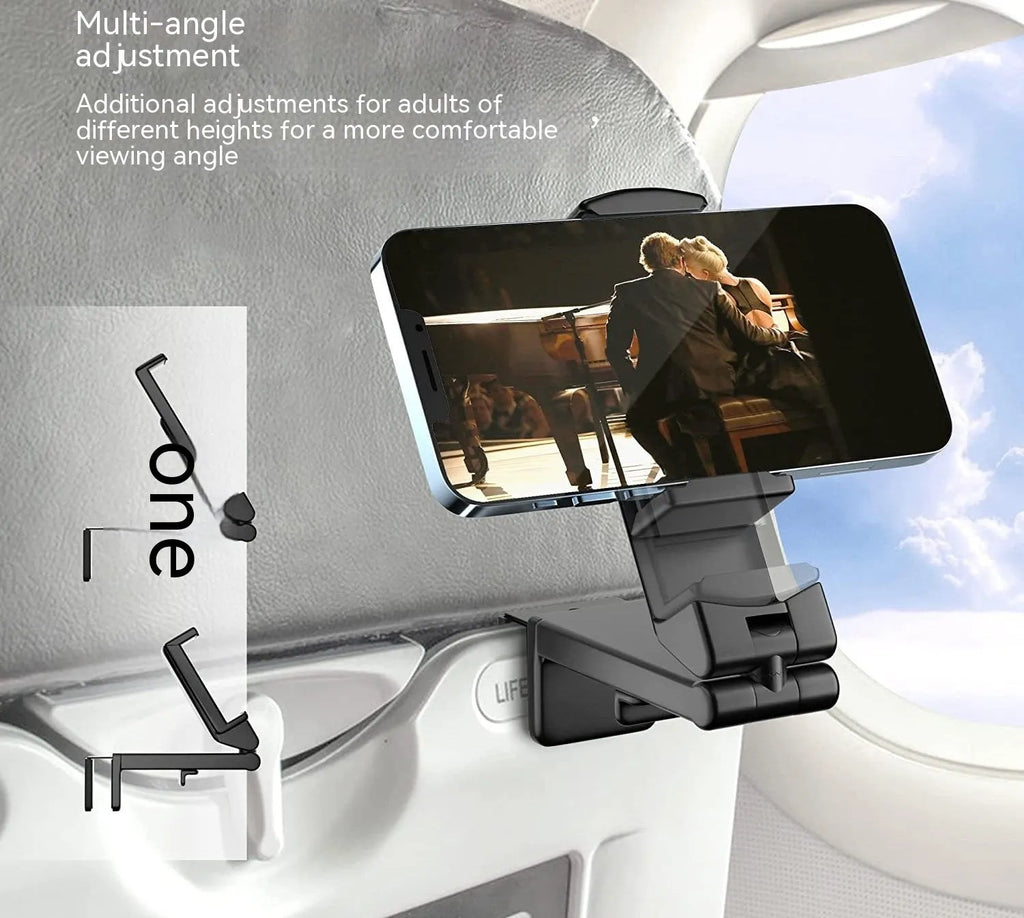Black foldable rotating phone holder holding a mobile phone upright on a desk.