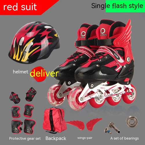 Children's adjustable skating shoes with protective gear set showing aluminium frame and wheels