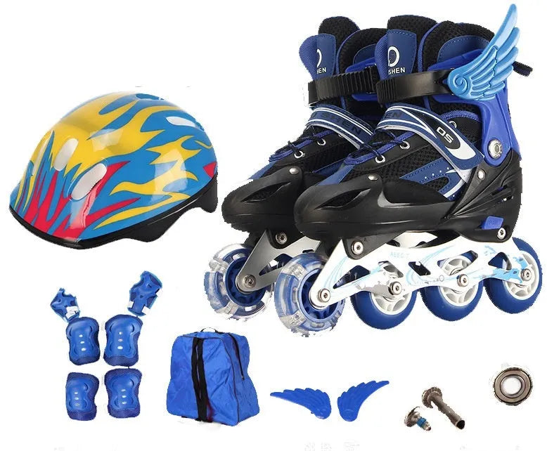 Children's adjustable skating shoes with protective gear set showing aluminium frame and wheels