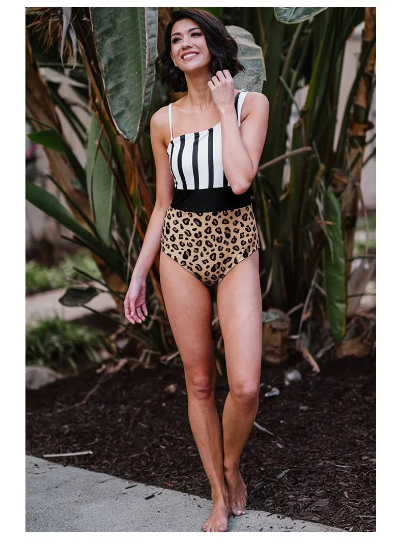Women's leopard print one-piece swimsuit with an asymmetric collar and high-waist design.