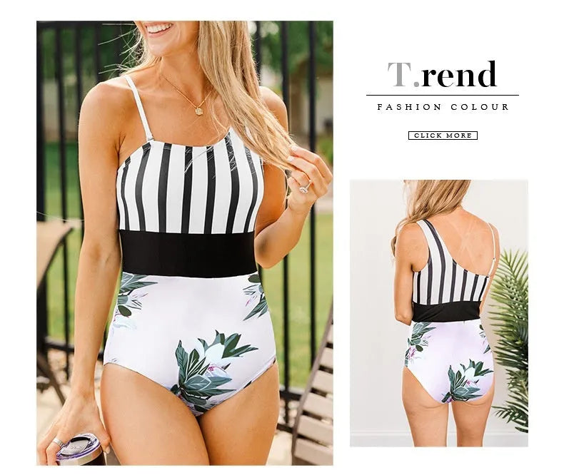 Women's leopard print one-piece swimsuit with an asymmetric collar and high-waist design.