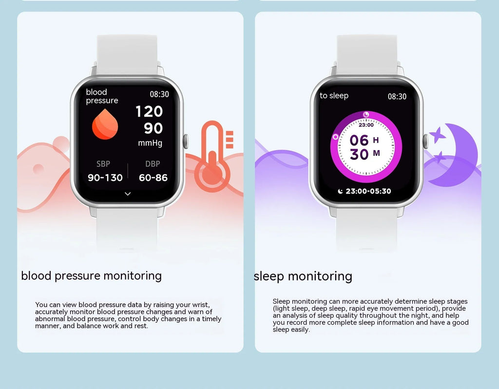 Bluetooth smart watch showing heart rate monitoring and camera remote control functions on TFT screen