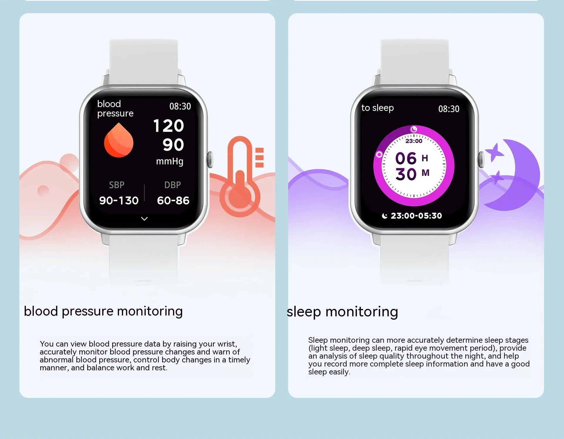 Bluetooth smart watch showing heart rate monitoring and camera remote control functions on TFT screen