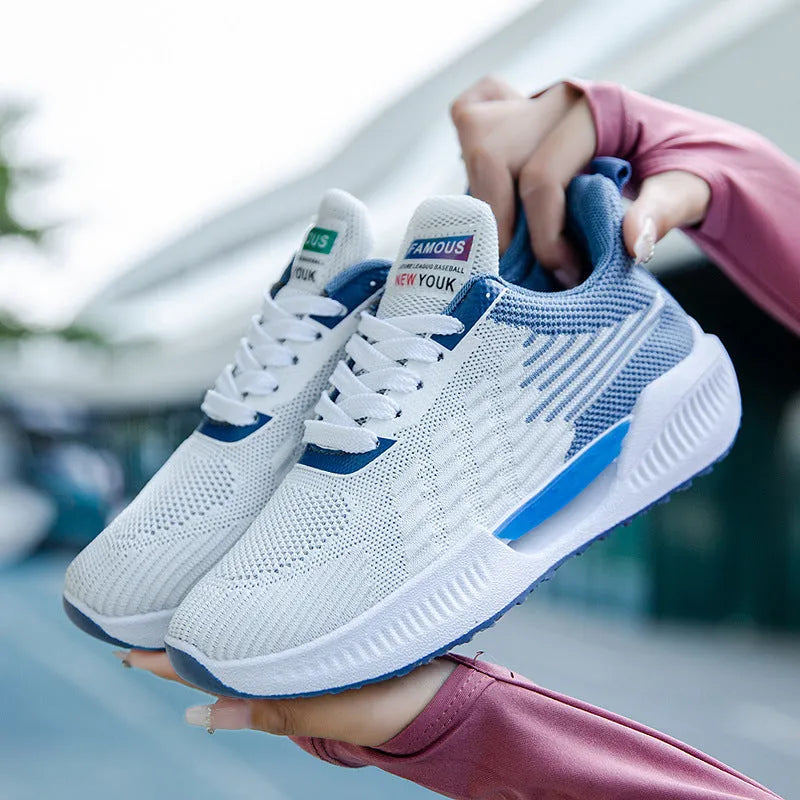 Men's blue grey green breathable mesh casual shoes with round toe and plastic sole.