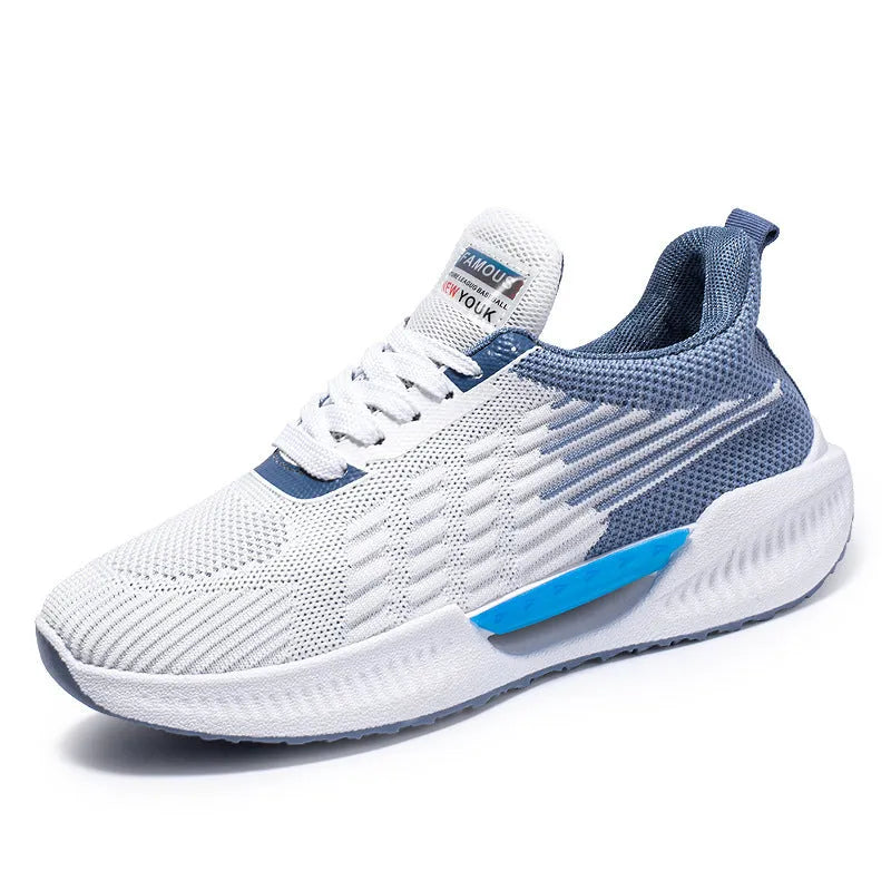 Men's blue grey green breathable mesh casual shoes with round toe and plastic sole.