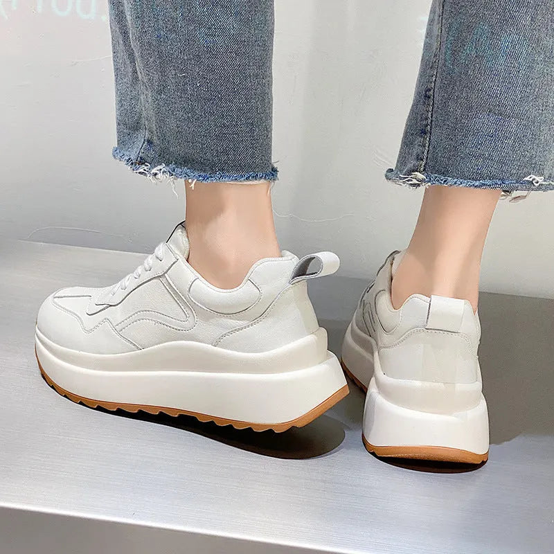Beige women's cattlehide leather casual sports shoes with cross strap and English muffin heel