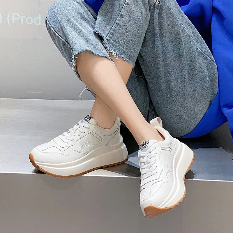 Beige women's cattlehide leather casual sports shoes with cross strap and English muffin heel